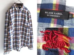 美品 希少 BURBERRY BLACK LABEL バーバリーブラックレーベル ホースロゴ刺繍 ロールアップ袖 チェック リネンシャツ 2 麻
