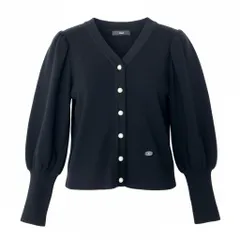 47b4【美品】Rene ルネ ニットカーディガン パフスリーブ ロゴプレート パールボタン 5232170 34サイズ ブラック レディース 女性用u02t