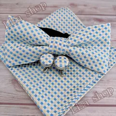 蝶ネクタイ 3点セット カフスボタン ポケットチーフ ホワイトチェック  蝶ネクタイ