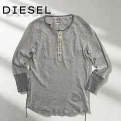 DIESEL ディーゼル ヘンリーネック ワッフル カットソー M 7分袖 グレー ヴィンテージ加工 100%コットン 綿100 サイド紐 裾ロゴ刺繍 サーマル ロンT メンズ ディーゼルジャパン 国内正規品 トップス 古着 エイジング加工 灰色