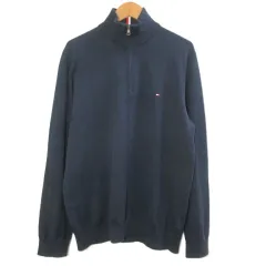 トミーヒルフィガー TOMMY HILFIGER ハーフジップセーター ニット 長袖 プルオーバー ハイネック ワンポイント刺繡 コットン L 紺 ネイビー /X