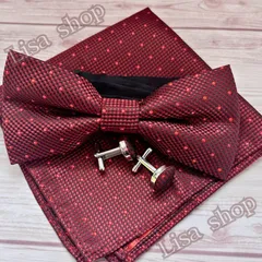 蝶ネクタイ 3点セット カフスボタン ポケットチーフ ダークレッド