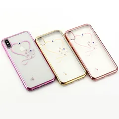 iPhone 12ProMax ケース カバー 背面タイプ メタリック メッキ バンパー フチ ラインストーン ハート クリア 透明 キラキラ 上品