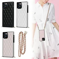 iPhone 13Pro ケース カバー 背面タイプ スマホショルダー ショルダーストラップ ストラップ付き 斜め掛け チェーン レザー 合皮 キルティング スクエア型 シンプル