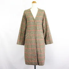 バックナンバー BACK NUMBER ノーカラーコート アウター 長袖 Vネック ロング丈 チェック ウール混 M ベージュ ※EKM