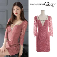 【ROBE de FLEURS Glossy / ローブドフルールグロッシー】バストビジュー×レース袖ありタイトミニキャバドレス GL2826