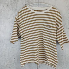 MUJI 無印良品Tシャツ トップス 半袖 丸首 ベージュ系ボーダー 胸ポケットM~Lサイズ□〇