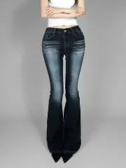 골넓핏 セル ローライズ バッグポケット ブーツカット インディゴデニム ウォッシュ ロング デニム パンツ s