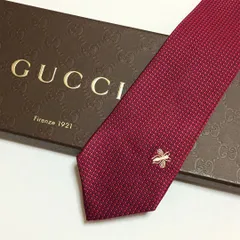 未使用級 グッチ GUCCI  ネクタイ シルク100% レッド スクエアパターン 刺繍 ハチ柄 261-522