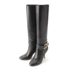 サルヴァトーレフェラガモ ガンチーニ レザー ゴールド金具 ブーツ ヒール シューズ ロング ブラック 5【中古】