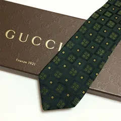 未使用級 グッチ GUCCI  ネクタイ シルク100% グリーン / ネイビー 総柄 スクエア 261-525