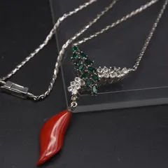 Q036 赤珊瑚 サンゴ グリーンストーン SILVER刻印 ネックレス ダイヤモンド風 デザイン シルバー 3月誕生石