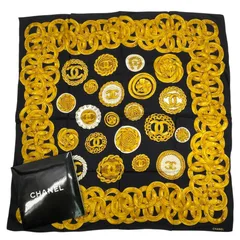 新品同様 CHANEL シャネル スカーフ シルク ココマーク チェーン ボタン ブラック ｘ ゴールド 箱付き