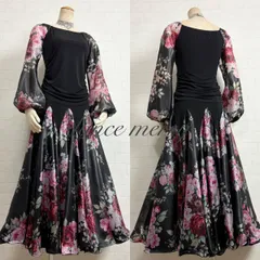 ★送料無料★新品　社交ダンス　ツーピース　黒　ピンク　赤　花柄　長袖　バルーン袖　パーティ　ミニデモ　2032