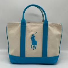 BN7662□Ralph Lauren キャンバス トートバッグ アイボリー×ブルー系 ビッグポニー