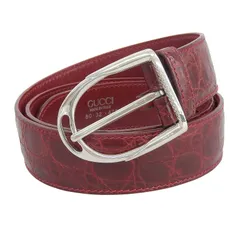 美品▲GUCCI グッチ 087.194 ロゴ刻印バックル クロコダイルレザー ベルト レッド SV925 シルバー金具 80/32 イタリア製 メンズ