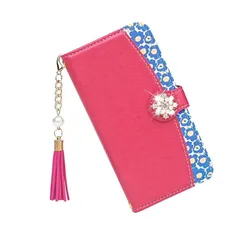 iPhone12mini 手帳ケース ケース カバー 保護 ストラップ付き タッセルチャーム ポケット付き カード収納 スタンド機能 ベルトタイプ レザー調 合皮 花 花柄 フラワー 北欧 ラインストーン キラキラ 可愛い ホットピンク