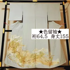 【 五つ紋・色留袖】裄64.5 身丈155 袖丈49.5　正絹　袷　上り藤に隅立て四つ目紋　比翼布付き　薄いグレー系色地に松と鶴　よ03S02　B2605
