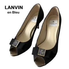 【LANVIN en Bleu /ランバン オン ブルー】オープントゥパンプス ハイヒール パンプス ラメ リボン ロゴ 黒 ブラックデニム系素材 22.5cm（中古・美品）