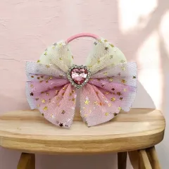ヘアゴム リボン パステル ハート ラインストーン 星柄 オーガンジー キッズ 女の子 ヘアアクセサリー ｈ-1650