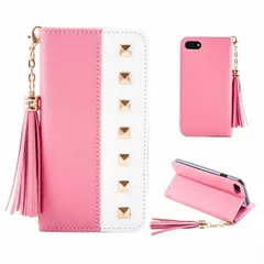 iPhone12 iPhone12Pro 手帳型ケース スタッズ タッセルチャーム付き バイカラー マグネット開閉 ミラー付き カード収納 スタンド レザー 合皮 かわいい おしゃれ おすすめ