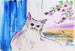 原画#315 猫 夕暮れ 海 サントリーニ島 水彩画 ドローイング イラスト