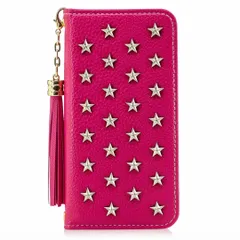 iPhone12 iPhone12Pro 手帳ケース ケース カバー 保護 ストラップ付き ポケット付き カード収納 スタンド機能 レザー調 合皮 星 スター スタッズ カラーバリエーション ホットピンク