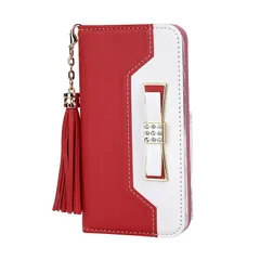 iPhone12 iPhone12Pro 手帳ケース ケース カバー 保護 ストラップ付き ポケット付き カード収納 スタンド機能 マグネット開閉 レザー調 合皮 リボン バイカラー ツートン 可愛い レッド