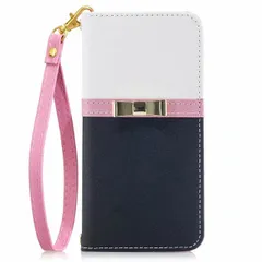 iPhone12ProMax 手帳型ケース カバー バイカラー リボン ベルトなし ハンドストラップ付き レザー 合皮 かわいい おしゃれ ミラー付き マグネット開閉 カード収納 スタンド