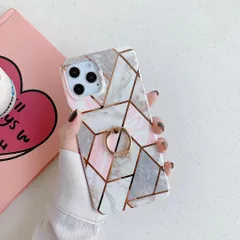 iPhone12ProMax ケース 背面ケース ソフトケース 幾何学模様 スマホリング付き マーブル模様 大理石 指輪 おしゃれ かわいい メタリックライン ストーン ホールドリング