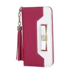 iPhone12ProMax 手帳ケース ケース カバー 保護 ストラップ付き ポケット付き カード収納 スタンド機能 マグネット開閉 レザー調 合皮 リボン バイカラー ツートン 可愛い ホットピンク