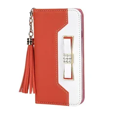 iPhone12ProMax 手帳ケース ケース カバー 保護 ストラップ付き ポケット付き カード収納 スタンド機能 マグネット開閉 レザー調 合皮 リボン バイカラー ツートン 可愛い オレンジ