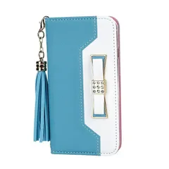 iPhone12ProMax 手帳ケース ケース カバー 保護 ストラップ付き ポケット付き カード収納 スタンド機能 マグネット開閉 レザー調 合皮 リボン バイカラー ツートン 可愛い ライトブルー