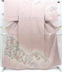 K中古美品 小紋 単衣 花鳥模様 ポリエステル くすみピンク□N80602-01