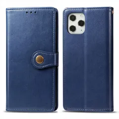 iPhone13Pro 手帳タイプ ケース カバー シンプル レザー 合皮 マグネットボタン カード収納 スタンド ストラップホール付き ブルー