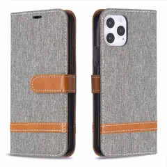 iPhone13Pro 手帳タイプ ケース カバー デニム生地 レザーパッチ 合皮 マグネット開閉 カード収納 スタンド ストラップ付き グレー