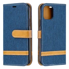 iPhone13Pro 手帳タイプ ケース カバー デニム生地 レザーパッチ 合皮 マグネット開閉 カード収納 スタンド ストラップ付き ブルー