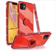 iPhone13Pro 背面タイプ ケース カバー ソフトケース クリアケース ラインストーン スマホリング付属 キラキラ グリッター マイクロドット加工 ストラップホール付き レッド