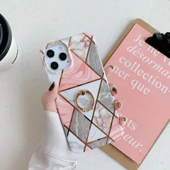 iPhone13ProMax (6.7inch) 背面タイプ ケース カバー ソフトケース 幾何学模様 スマホリング付き マーブル模様 大理石 指輪 おしゃれ かわいい ストーン ホールドリング ホワイト ピンク