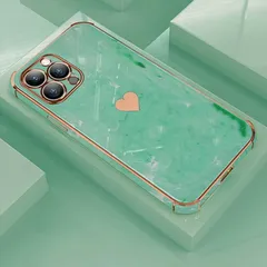 iPhone13ProMax 対応 ケース カバー 背面タイプ ソフト カメラレンズカバー マーブル柄 大理石風 シンプル 光沢 ハート メッキ メタリック パステルカラー くすみカラー かわいい おしゃれ ライトグリーン