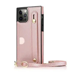 iPhone14 対応 ケース カバー 背面タイプ スマホショルダー ショルダーストラップ ストラップ付き 斜め掛け スマホバンド バンド レザー カード 収納 ポケット スクエア型 斜め掛け シンプル ピンク