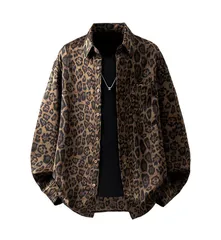 アメリカンレトロ メンズ ブラック＆ホワイト レオパードプリント シャツ ルーズフィット ターンカラー ユニセックス カップル対応 春秋用 軽量 シャツジャケット プラスサイズ対応