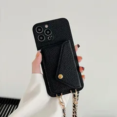 iPhone14Pro 対応 ケース カバー 背面タイプ スマホショルダー ショルダーストラップ ストラップ付き 斜め掛け チェーン レザー カード 収納 ポケット ボタン シンプル ブラック
