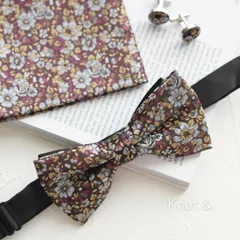 1-1ha 蝶ネクタイ  ポケットチーフ カフス  3点セット | メンズ 結婚式 ブラウン 花柄 メルカリshops ボウタイ