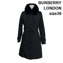 ◆ バーバリーロンドン BURBERRY トレンチコート 長袖 ロング丈 ベルト・ライナー付 黒 フォックスファー 36 S 7号 レディース S6B043