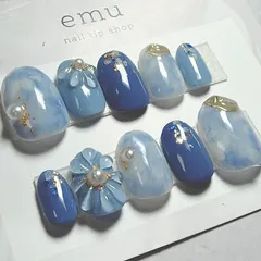 57.ショートオーバル03238 春ネイル　ブルーネイル　ぷっくりネイル　ブライダルネイル　卒入学ネイル