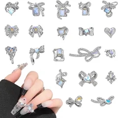 【20個セット】ネイルパーツ リボン ストーン 蝶結び ラインストーン 大きめ 小さめ キラキラ パーツ 立体 シルバー ネイルアート ミックス 3D （オーロラームーンライト） b-259
