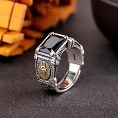新しい未使用 ブラックオニキス925シルバー調整可能リング メンズ ヴィンテージ風 チベットシルバー ヒップホップスタイル指輪