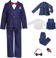 LivKids キッズ フォーマル スーツ 男の子 6点セット 入園式 卒園式 入学式 発表会 七五三 セットアップ ジャケット ベスト 子供服 チェック柄 (ブルー,  130)