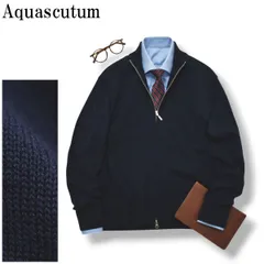 【美品】 アクアスキュータム Aquascutum ダブルジップアップ コットンニット カーディガン ブルゾン ライトアウター カジュアル ビジネス トラッド L ネイビー メンズ